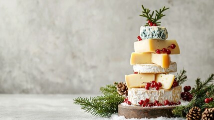   A stack of cheese sits atop a cone-filled mound, surrounded by more pine cones