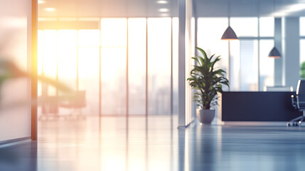 Fototapeta premium Beautiful blurred background of a light modern office interior with panoramic windows and beautiful lighting 
