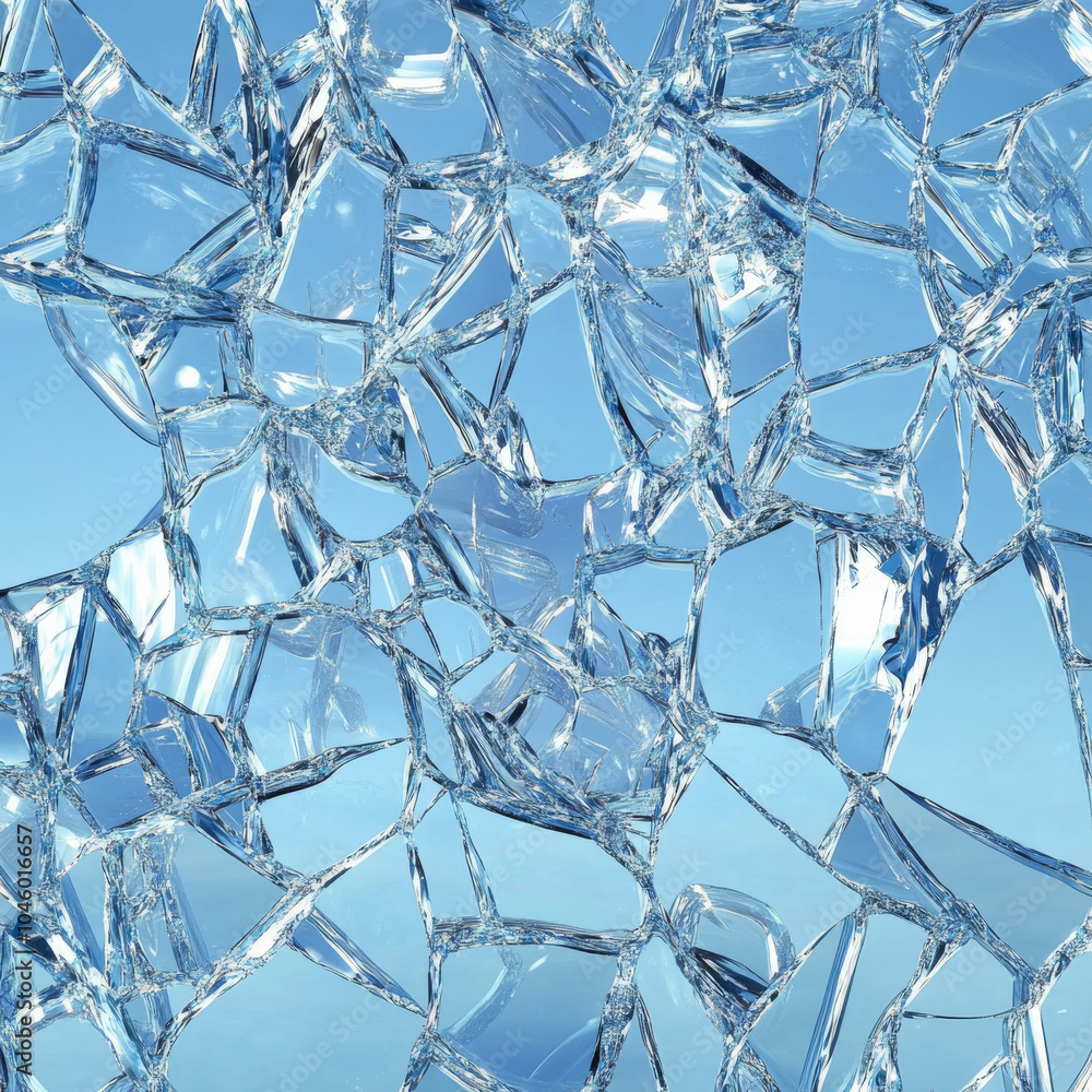 Poster a unique broken glass texture forming an abstract pattern on a soothing sky blue background, showcas