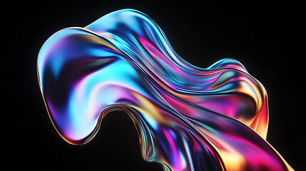 Fototapeta premium Bold holographic liquid blob shape isolated Iridescent wavy melted substance on black background
