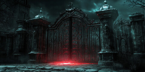 Massive black iron gate with intricate demonic carvings, pulsing with a faint red glow, set in the heart of a dark and eerie realm, perfect for a fantasy gaming environment