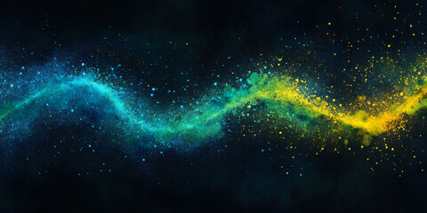 Obraz premium Grainy background with a vibrant blue, yellow, and green glowing color wave on a black dark backdrop, featuring a textured noise effect, perfect for a banner or poster design