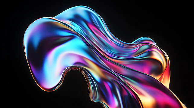 Bold holographic liquid blob shape isolated Iridescent wavy melted substance on black background