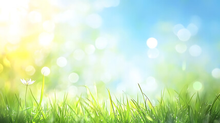 Obraz premium Beautiful sunny spring meadow with green grass and blue sky Abstract background with light bokeh and space for text 