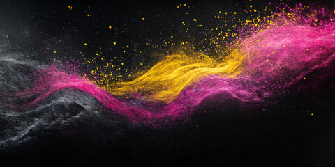 Grainy background with a glowing yellow, fuchsia, and gray color wave on a dark black backdrop, incorporating a rich noise texture for a bold poster header design