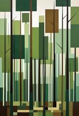 Abstract artwork depicting a stylized forest of varying green shades and geometric trees for modern décor. Generative AI