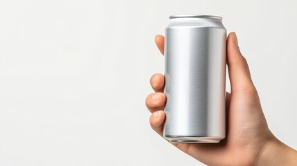 Blank can drink is held in hand against a white background, poised to accommodate your design Mockup