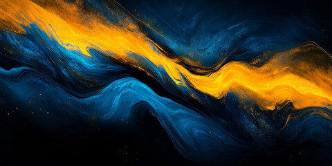Abstract background, vibrant dark grainy blue yellow black glowing dynamic color wave, banner poster header backdrop design with intense blue blending into vivid yellow and deep black