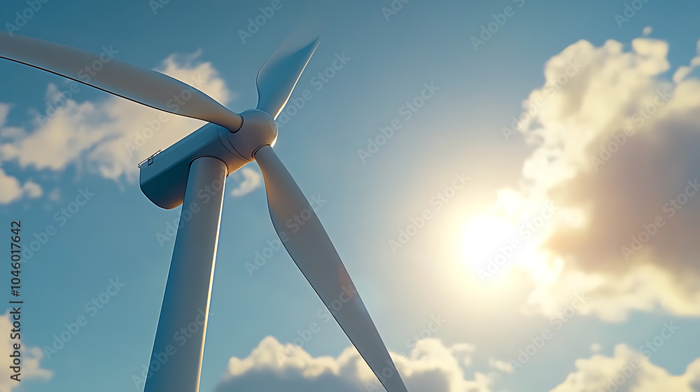 Wall mural close up of wind turbine on blue sky background with shining sun