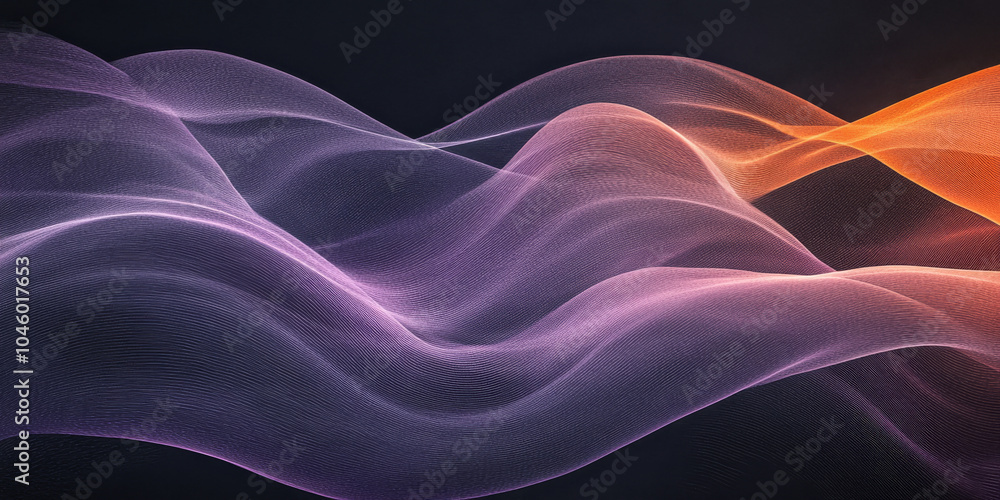 Poster grainy abstract background showcasing a glowing violet, orange, and light gray color wave on a black