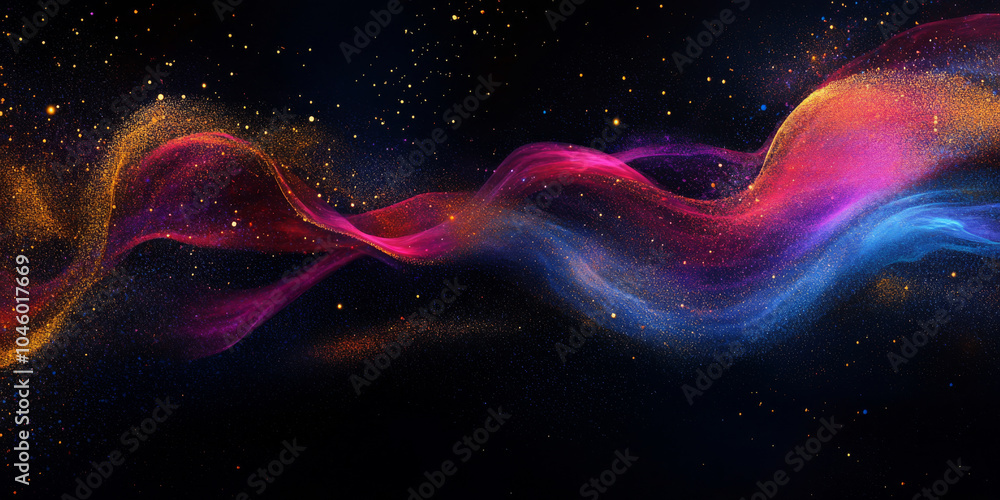 Poster grainy background showcasing a glowing raspberry, cobalt blue, and gold color wave on a black dark b