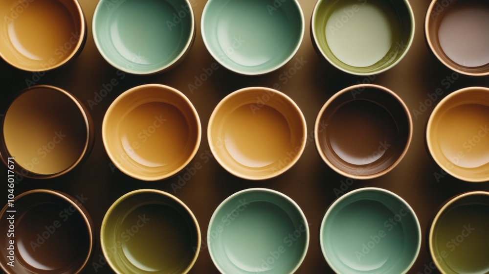 Aufkleber Colorful cups arranged in a circular pattern create an inviting atmosphere for afternoon tea, showcasing warm brown and green hues. Generative AI