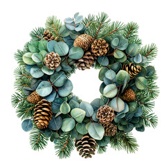 Xmas greenery wreath. Watercolor winter holidays decorated wreath with fir tree branches, eucalyptus branches and pine cones decor isolated illustration. Cut out festive wreath