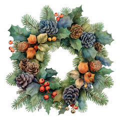 Winter holidays wreath. Christmas watercolor decorated wreath with fir tree branches, leaves, pine cones and holly berries decor isolated illustration. Cut out xmas wreath