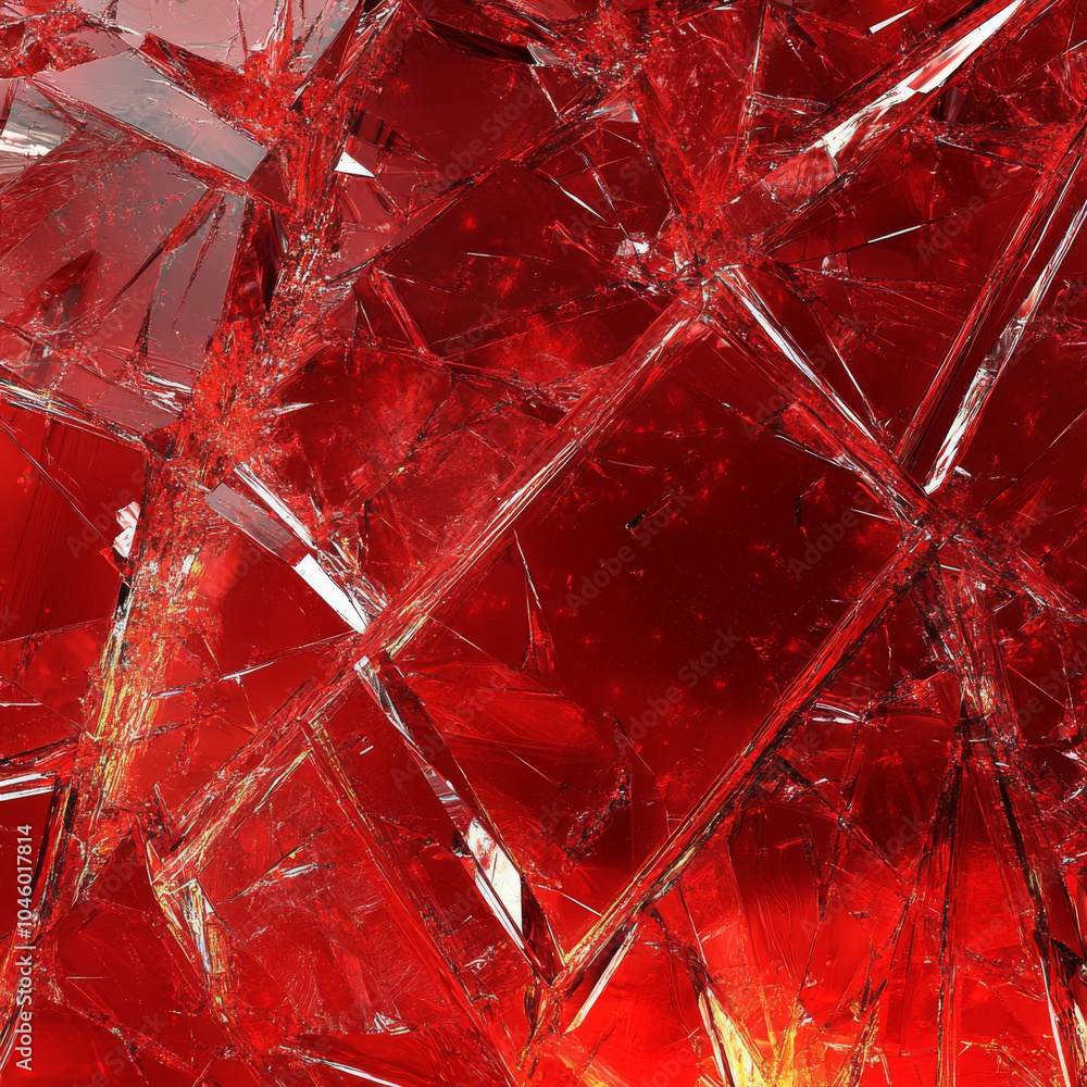 Poster an intricate broken glass texture creating an abstract design against a vibrant red background, with