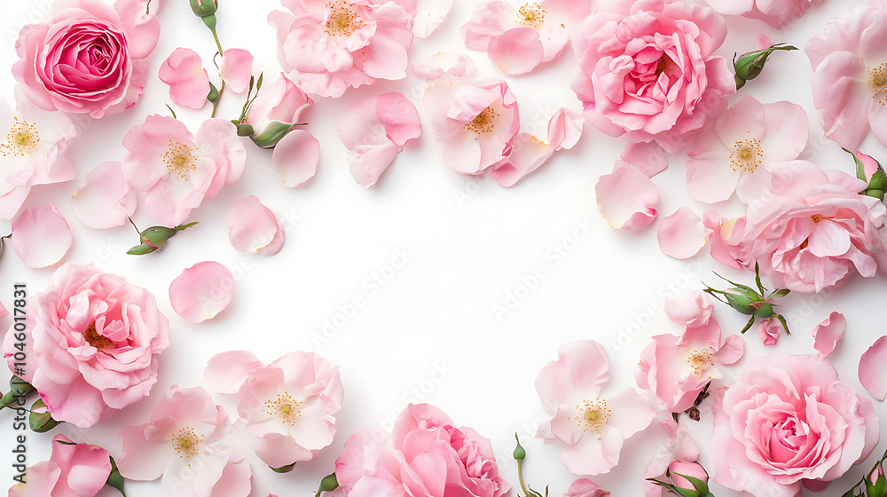 Aufkleber decorative web banner close up of blooming pink roses flowers and petals isolated on white table bac