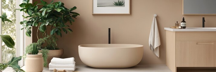 Modern Minimalist Bathroom Interior Design with Freestanding Bathtub and Large Green Plant