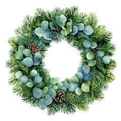 Watercolor greenery wreath. Winter holidays decorated wreath with fir tree branches, pine cones and eucalyptus branches decor isolated illustration. Cut out festive wreath