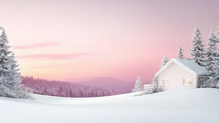 Naklejka premium A winter house stands peacefully in a snowy landscape, framed by tall evergreen trees set against a soft pastel backdrop