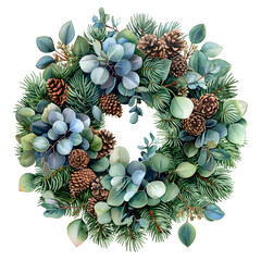 Festive watercolor wreath. Winter holidays decorated wreath with fir tree branches, eucalyptus branches and pine cones decor isolated illustration. Cut out xmas greenery wreath