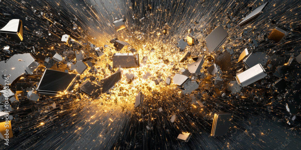 Poster abstract 3d rendering of a sleek metallic surface shattering into fragments, with bright golden ligh