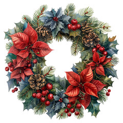 Christmas wreath. Watercolor decorated wreath with fir tree branches, leaves, pine cones and holly berries, winter holidays decor isolated illustration. Cut out xmas wreath