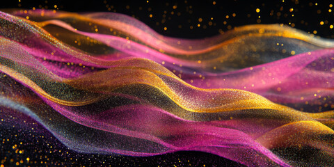 Grainy abstract background with a bright pink, olive, and gold glowing color wave on a black dark backdrop, featuring a textured noise effect for an eye-catching header design