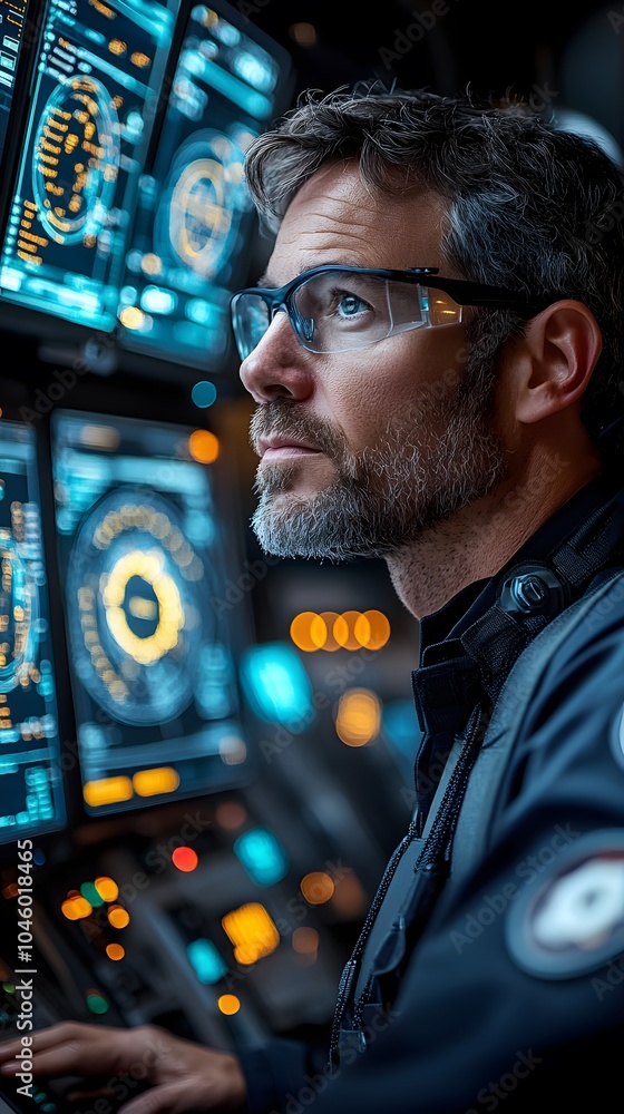 Poster a focused individual operates advanced control panels in a high-tech environment.