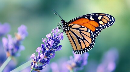 Fototapeta premium A close-up of a butterfly perched on a plant with vibrant purple flowers in the foreground, and a softly blurred background