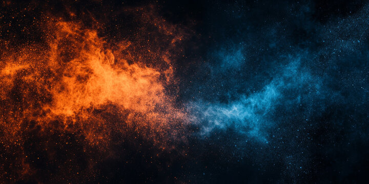 Abstract grainy gradient background, orange blue color shape, black backdrop, noisy texture, dark banner poster header design featuring fiery orange fading into electric blue