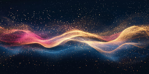 Fototapeta premium Grainy background with a vibrant gold, deep blue, and bright pink glowing color wave against a dark black backdrop, enhanced by noise texture for an impactful banner design