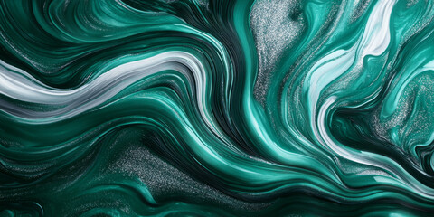 Obraz premium Vibrant green and teal colors blending with intricate silver metallic swirls in a three-dimensional abstract design, creating a flowing and dynamic background