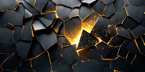 Dark metallic surface breaking apart into geometric pieces, revealing a glowing golden light underneath, casting reflections on the jagged edges, perfect for a futuristic abstract design