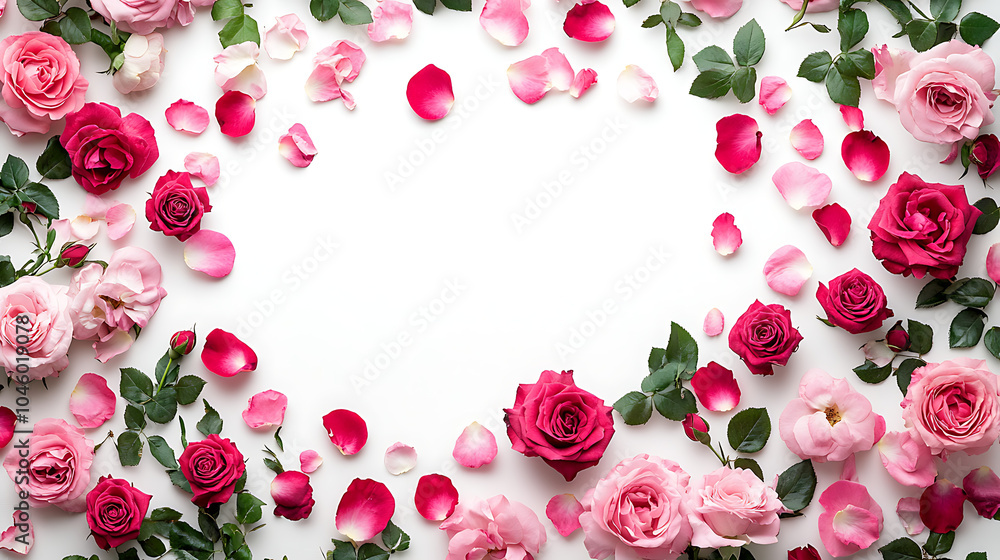 Poster decorative web banner close up of blooming pink roses flowers and petals isolated on white table bac