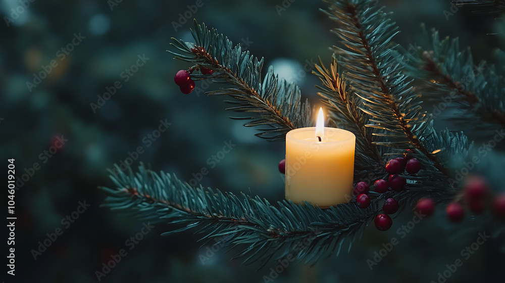 Poster Close up of a candle in a spruce tree with berries