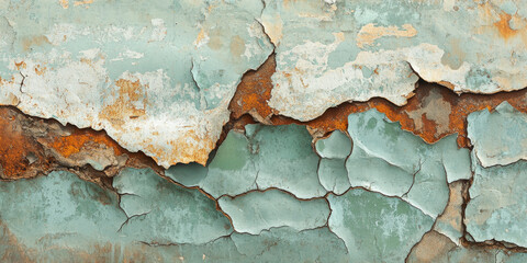 Obraz premium Abstract background of rusty metal with layers of chipped pale blue and green paint, revealing corroded patches and cracks, forming a textured industrial design