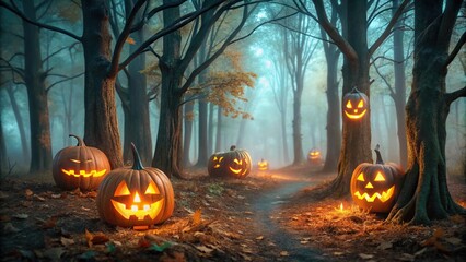 Spooky forest with glowing jack o lanterns in a minimalist style