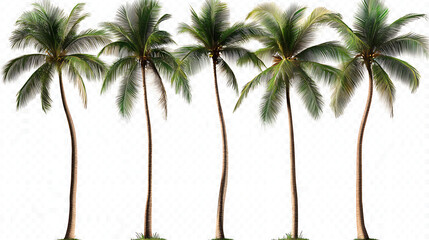 Obraz premium A set of coconut palm images cut out on a white background Close up of exotic trees in side view Clipart of trees to insert into a set or project 