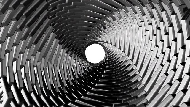 Abstract 3D Rendering Of A Curved Tunnel With Interlocking Shapes And Geometric Patterns In Black And White