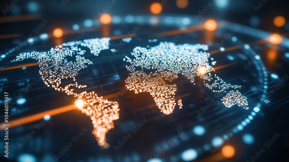 Poster global network, world map on futuristic interface. digital communication, technology background.