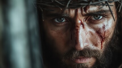 Obraz premium A striking photograph of a man wearing a crown of thorns, capturing his deep emotional turmoil, with blood and expressions of pain and resilience on his face.