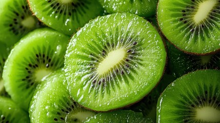 An appetizing close-up shot of fresh, vibrant green kiwi slices, highlighting their glistening texture, juicy interior, and iconic black seeds.