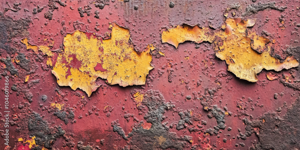 Poster deep rust and corrosion covering a metal surface with faded red and yellow peeling paint, forming a 