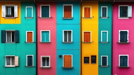 Fototapeta premium A vertical perspective of colorful urban buildings adorned with distinct shutters, highlighting the artistic style and vibrant character of the residential architecture.