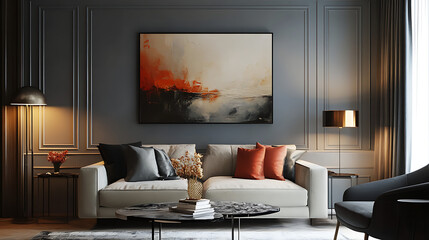 Detailed 3D Render View of an Artistic Painting in a Stylish Living Room 