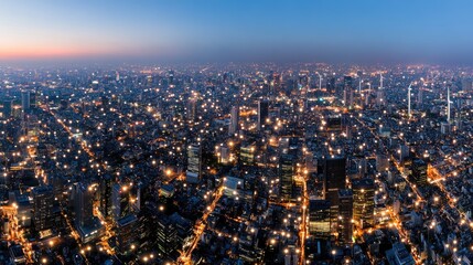 Obraz premium This aerial view captures solar panels and wind turbines surrounded by a digital grid network lighting up a bustling city at night