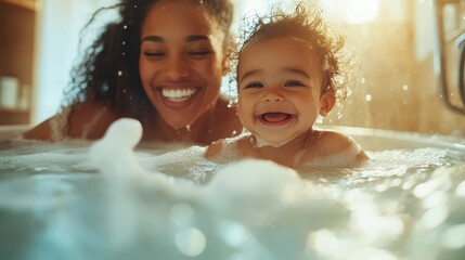 A joyful mother and her baby share a heartwarming moment in the bath, splashing and playing, with sunlight softly illuminating their genuine happiness.
