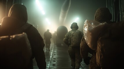 Troops in uniform move swiftly through a dimly lit corridor, boarding a military transport, signifying readiness for a strategic operation under direction.