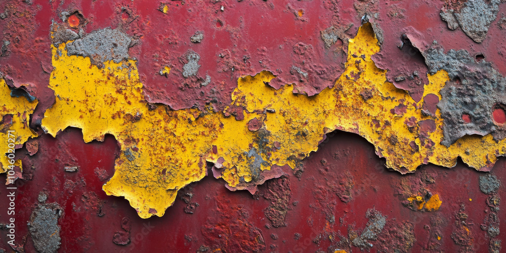 Poster deep rust and corrosion covering a metal surface with faded red and yellow peeling paint, forming a 