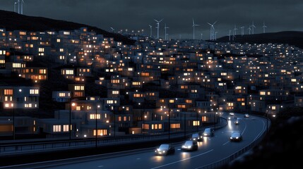 Fototapeta premium This aerial view captures solar panels and wind turbines surrounded by a digital grid network lighting up a bustling city at night
